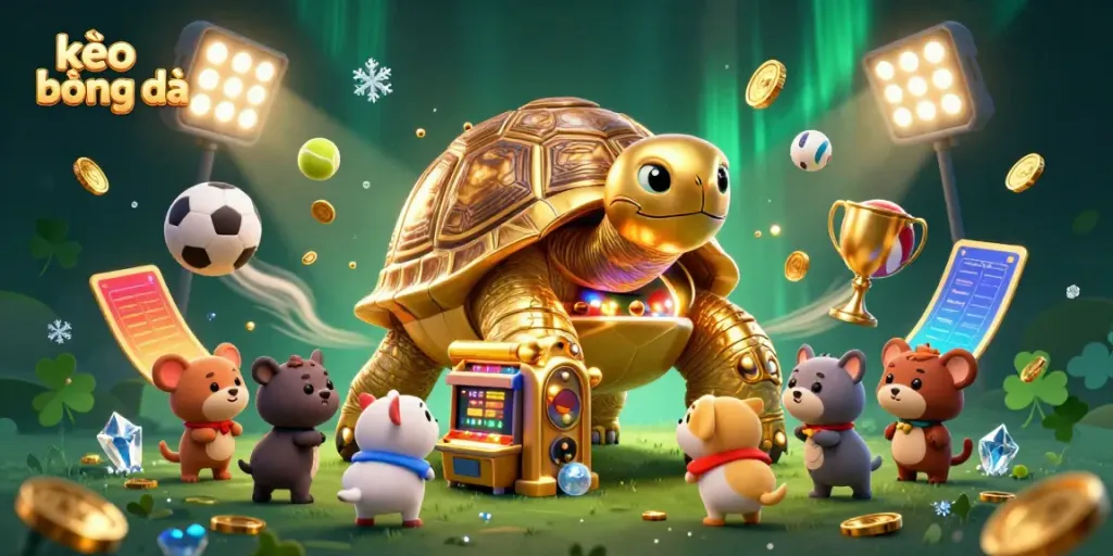 Engaging scene of sports betting excitement with kèo bóng đá theme, featuring golden tortoise pinball machine.