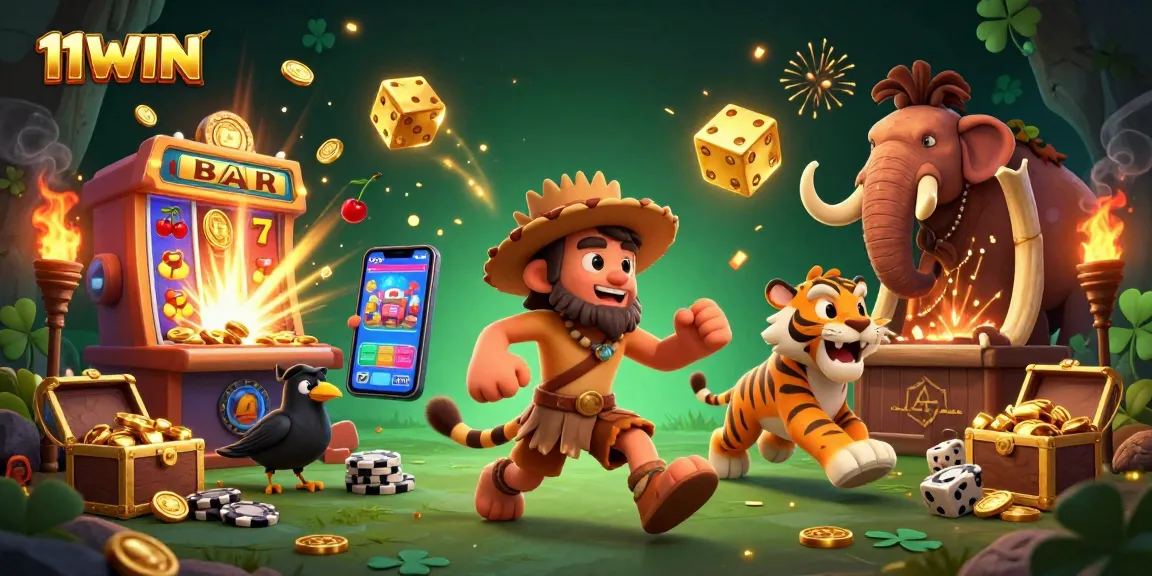 Experience the thrill of 11WIN with a vibrant prehistoric casino scene showcasing a caveman, sabertooth tiger, and crow.