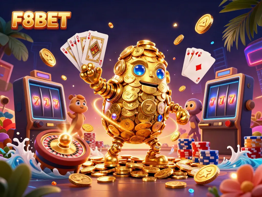 Experience the thrill of winning with F8BET's golden golem and sparkling casino elements.