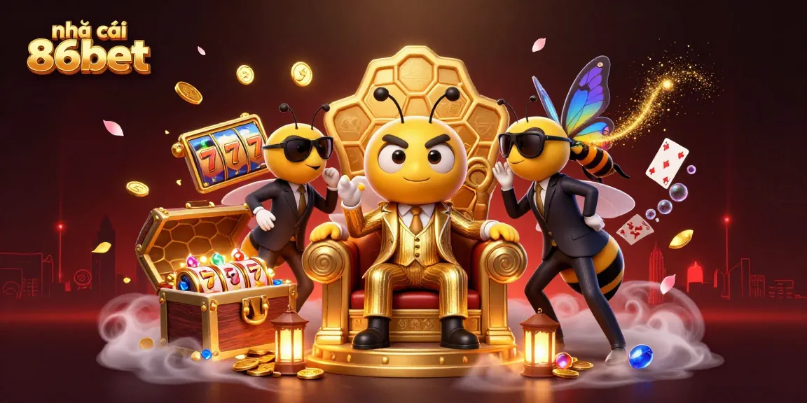 Engage with nhà cái 86bet's stunning slots surrounded by vibrant characters in a dreamy casino atmosphere.