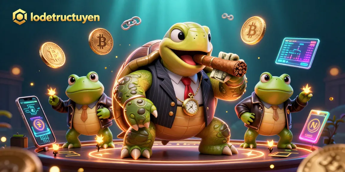 Engage in lodetructuyen with a vibrant illustration of a turtle mobster and bullfrog enforcers amidst casino lights and cryptocurrencies.