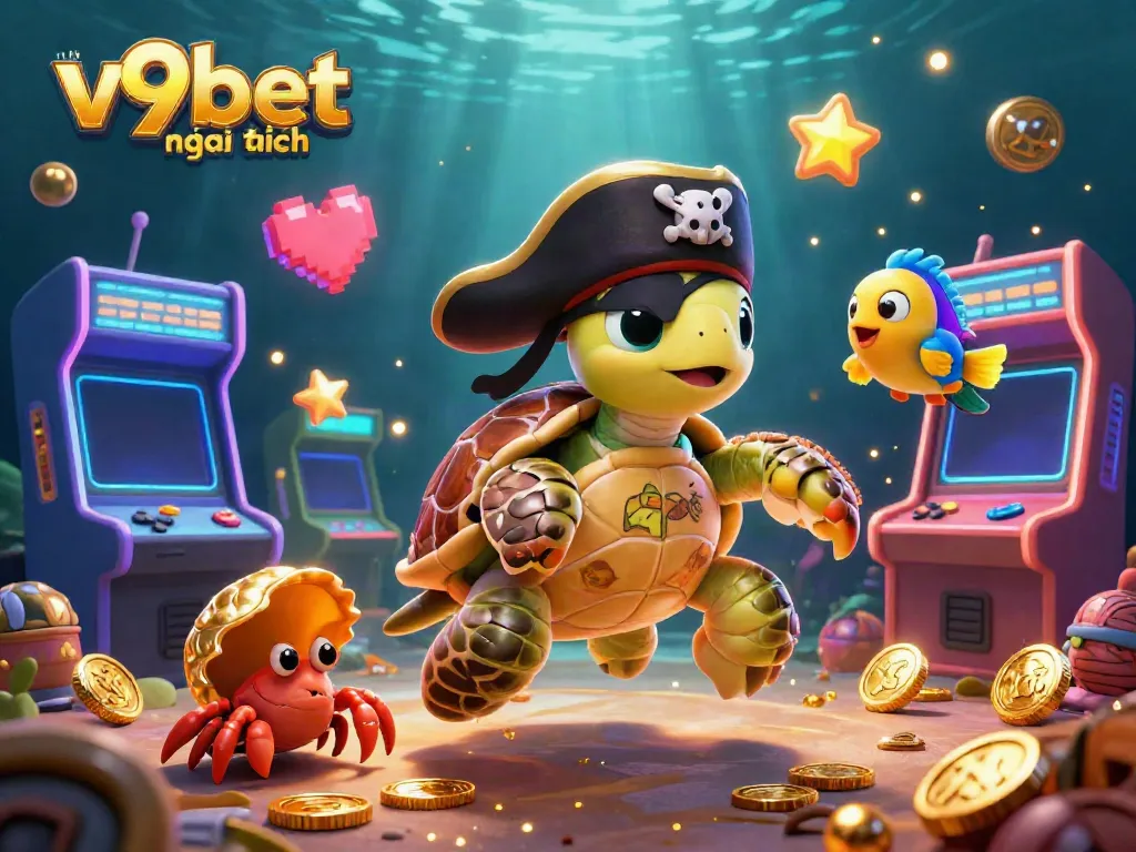 Engage with the link v9bet mới nhất while enjoying the 3D cartoon pirate turtle, hermit crab, and parrotfish in a vibrant casino-themed setting.