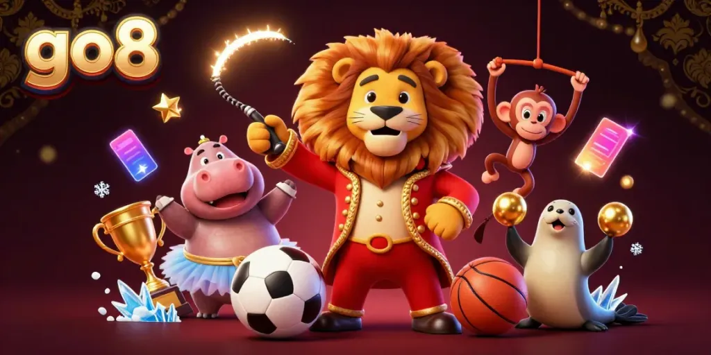 Experience the thrill of go8 with lively circus characters showcasing excitement in a vibrant casino setting.