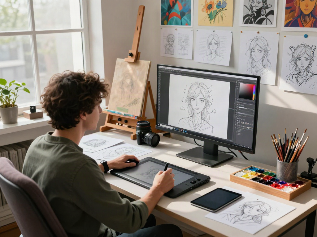 Creating nsfw ai art in a vibrant digital artist studio with innovative tools.