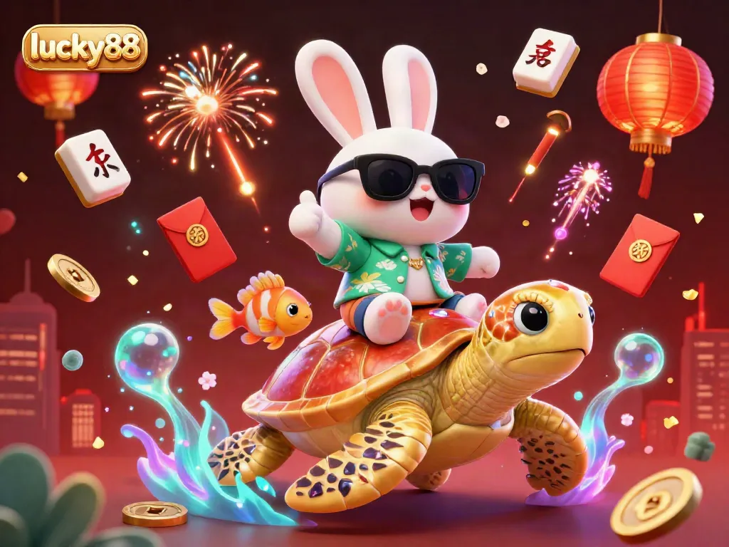 Engage with the colorful lucky88 scene featuring a joyful rabbit and a golden turtle in a vibrant underwater casino world.