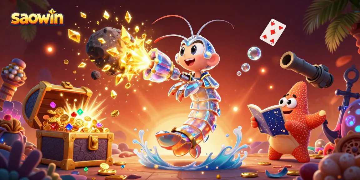 Experience saowin through vibrant 3D illustration of an underwater treasure adventure with gambling elements.
