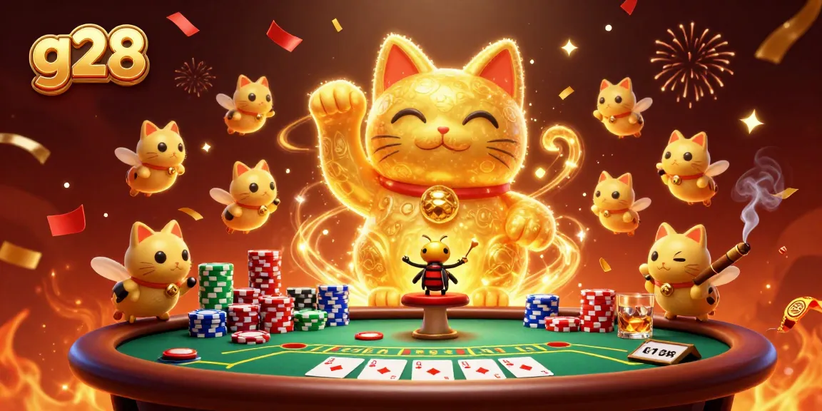 g28 creates an enchanting casino scene with a lucky cat and gaming elements under vibrant confetti.