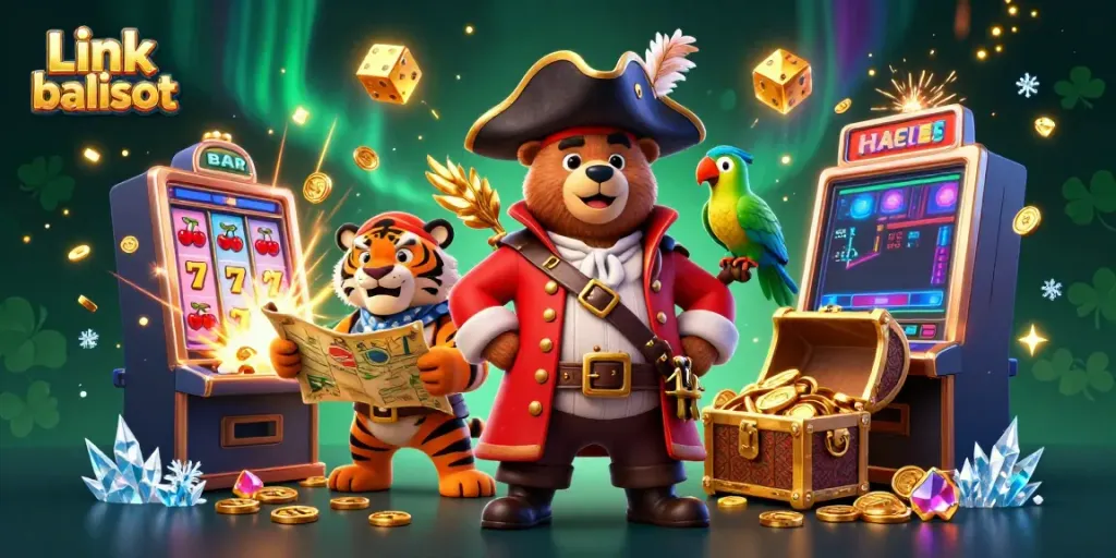 Engage with Link balislot through a vibrant 3D casino scene featuring pirate characters and slot machines.