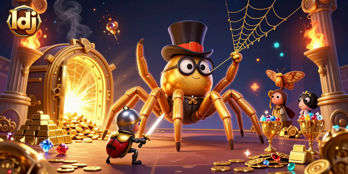 Engage with ldj's thrilling casino adventures featuring a golden tarantula, dynamic knight, and vibrant gems.