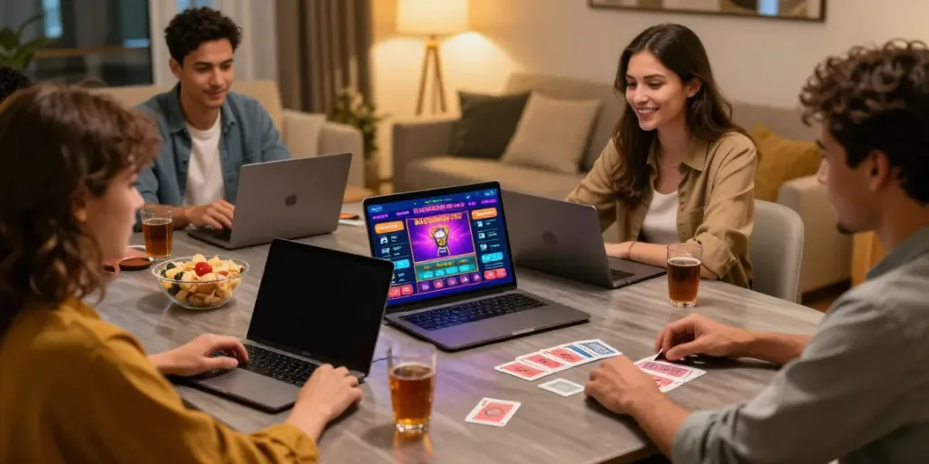 Friends enjoying games on non gamstop sites with laptops and cards in a cozy setting.