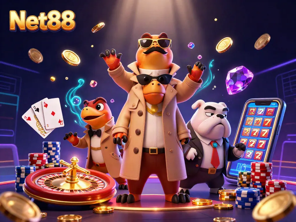 Engage in thrilling casino action with Net88, featuring raptors and a bulldog in a vibrant setting.