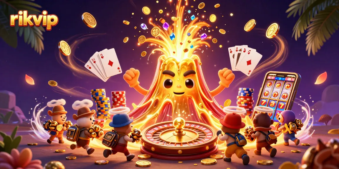 Engage in thrilling wins with rikvip, featuring a golden volcano erupting treasures in a vibrant casino haven.