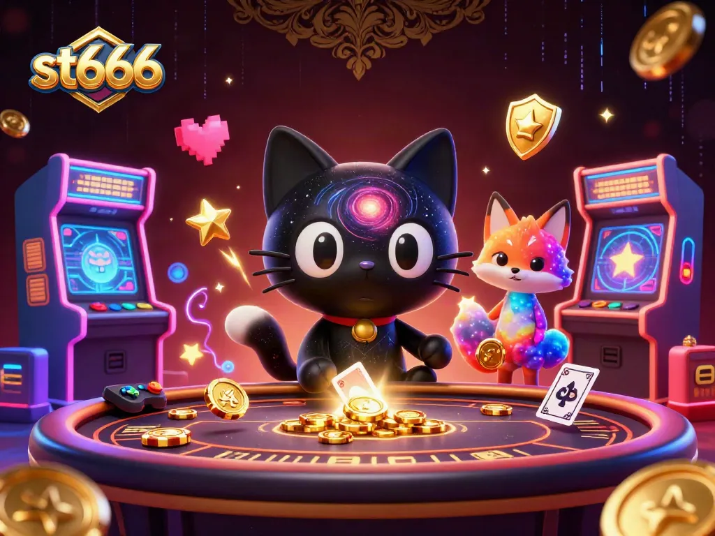 Join st666 at the cosmic casino with 3D characters pulling in golden chips and cards.