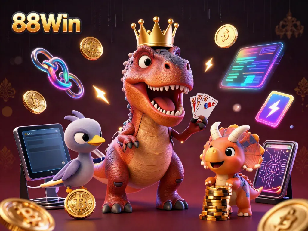 88Win illustration of a T-Rex and friends in a vibrant casino scene, showcasing exciting gameplay.
