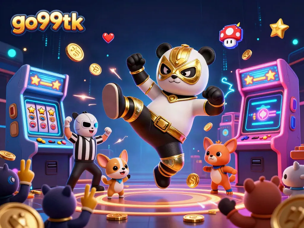 Engage in thrilling gameplay at go99tk with a lively scene featuring a panda wrestler and vibrant gaming elements.