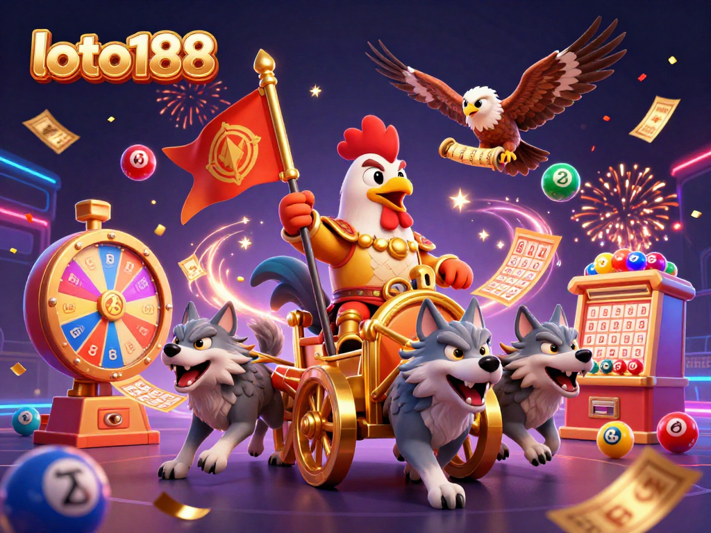 Engage with loto188 as the animated rooster warlord leads a thrilling lottery adventure filled with colors and excitement.