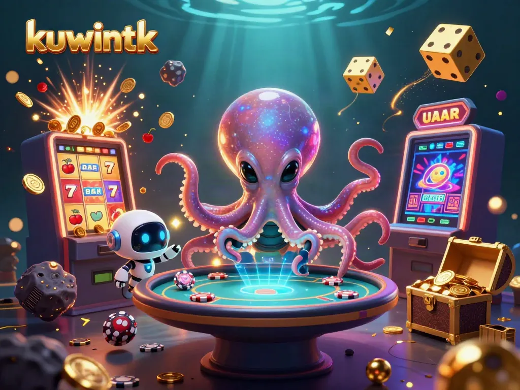 Experience the exciting world of kuwintk with vibrant gambling action featuring an alien octopus and a jackpot.