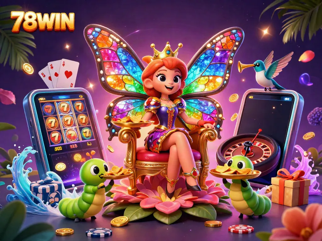 Experience thrilling slots with 78WIN's butterfly queen and vibrant game elements in a captivating scene.