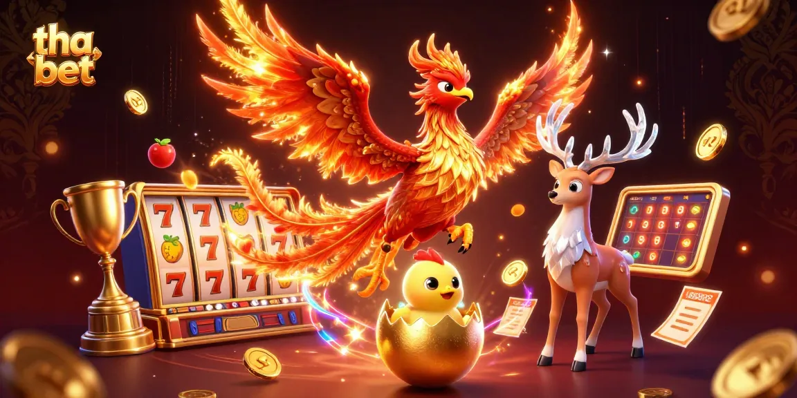 The thrilling experience of tha bet showcases a fiery phoenix with a golden egg and magical elements, perfect for casino enthusiasts.