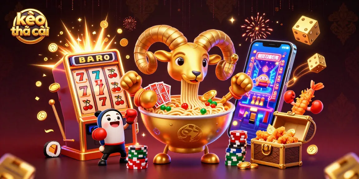 Engaging kèo nhà cái illustration with a giant ramen bowl dealer surrounded by gaming elements.