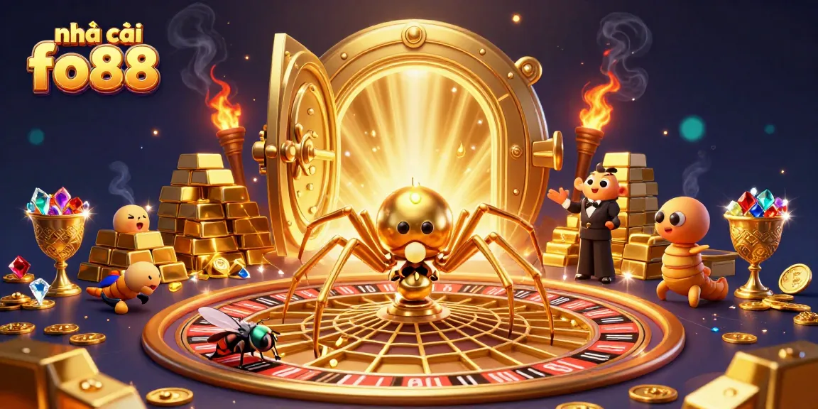 Experience the thrill at nhà cái fo88, where a golden spider spins a roulette web while a fly places bets.