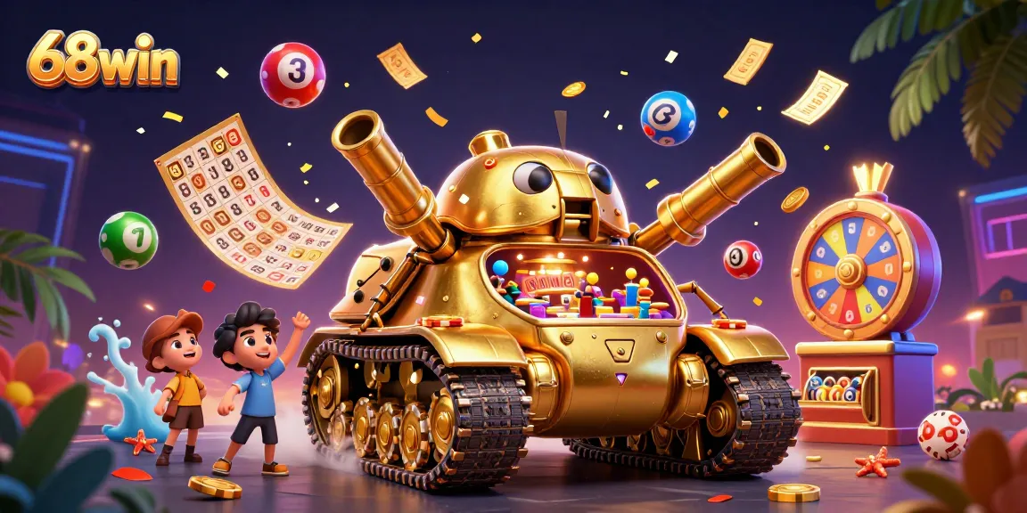 Experience the thrill of 68win with a vibrant casino inside a golden beetle tank, bursting with excitement.