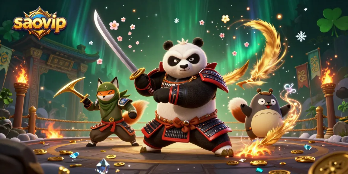 Experience thrilling saovip gameplay with a samurai panda, ninja fox, and magical tanuki in an action-packed casino scene.