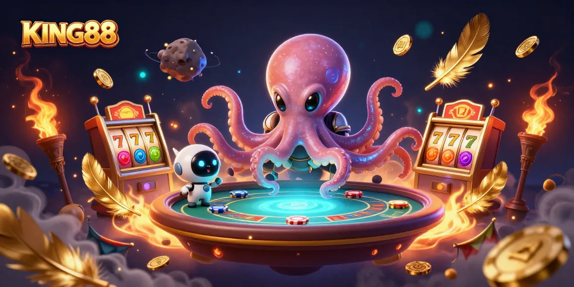KING88 offers a vibrant scene with an octopus dealer at a holographic poker table amidst swirling gold tokens and slot machine reels.