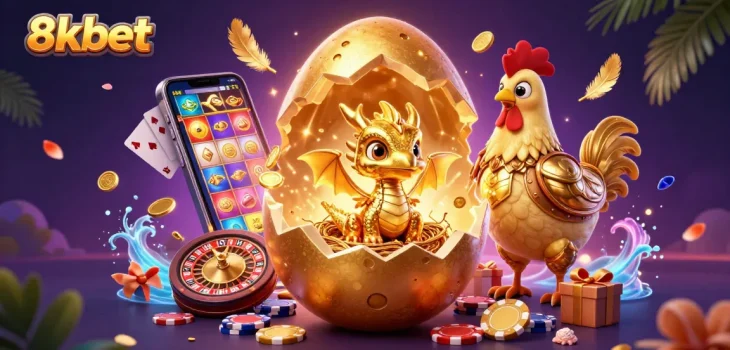Win big at 8xbet with a dazzling scene of a golden dragon and poker chips amidst casino excitement.