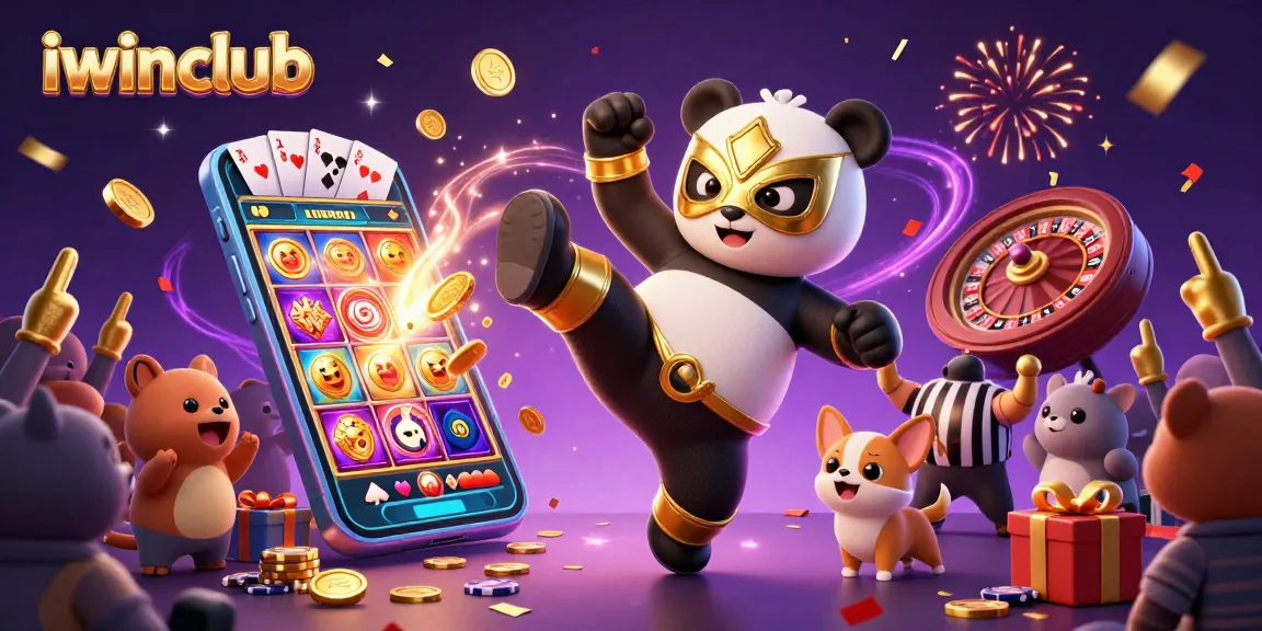 Experience excitement at iwinclub with a 3D panda wrestler, slot games, and animal fans in a vibrant casino scene.