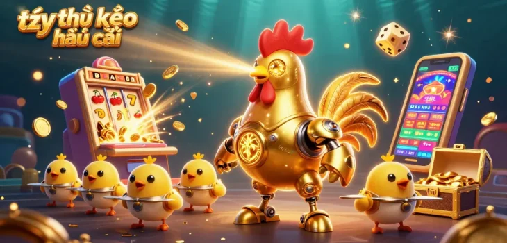 Engage with tỷ lệ kèo nhà cái through thrilling scenes of a golden rooster robot and baby chick drones amidst a casino spectacle.
