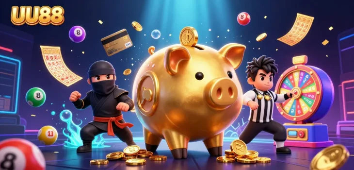 UU88 depicts a lively scene with a golden piggy bank sumo wrestler shaking coins while vibrant lottery elements surround the action.