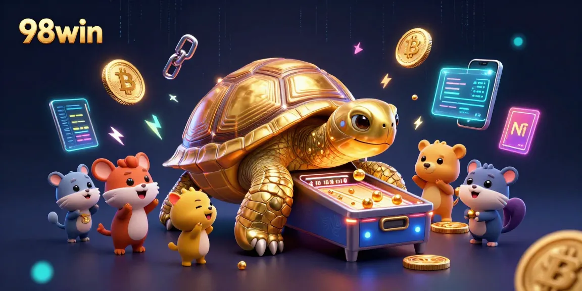 Engage with the vibrant 98win casino scene featuring a tortoise pinball machine amidst exciting elements.