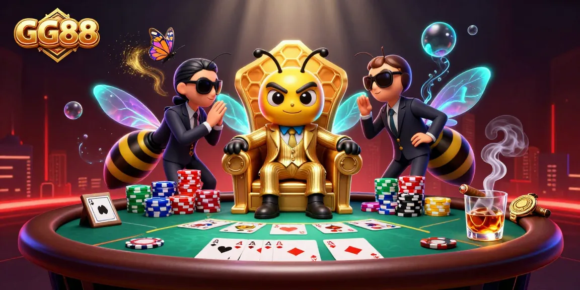 Engage in GG88's vibrant poker scene with a buzzing bee mobster and colorful poker chips.