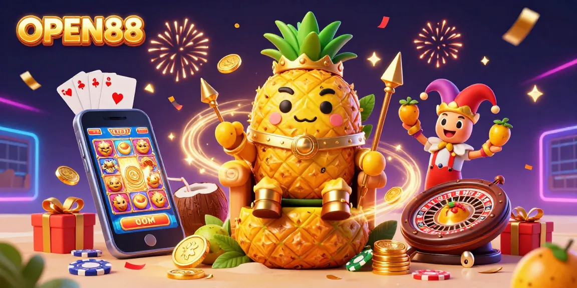 Experience the excitement of OPEN88 with the golden pineapple king and dynamic beach casino illustrations.