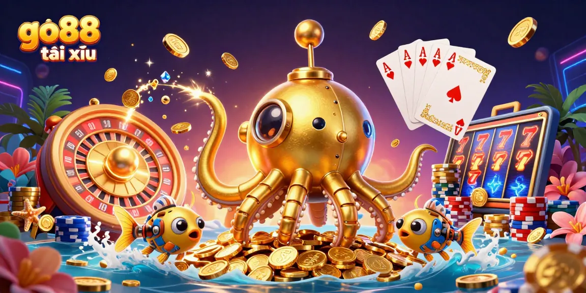 Engage with go88 tài xỉu in this vibrant casino scene featuring a golden kraken and dynamic gaming elements.