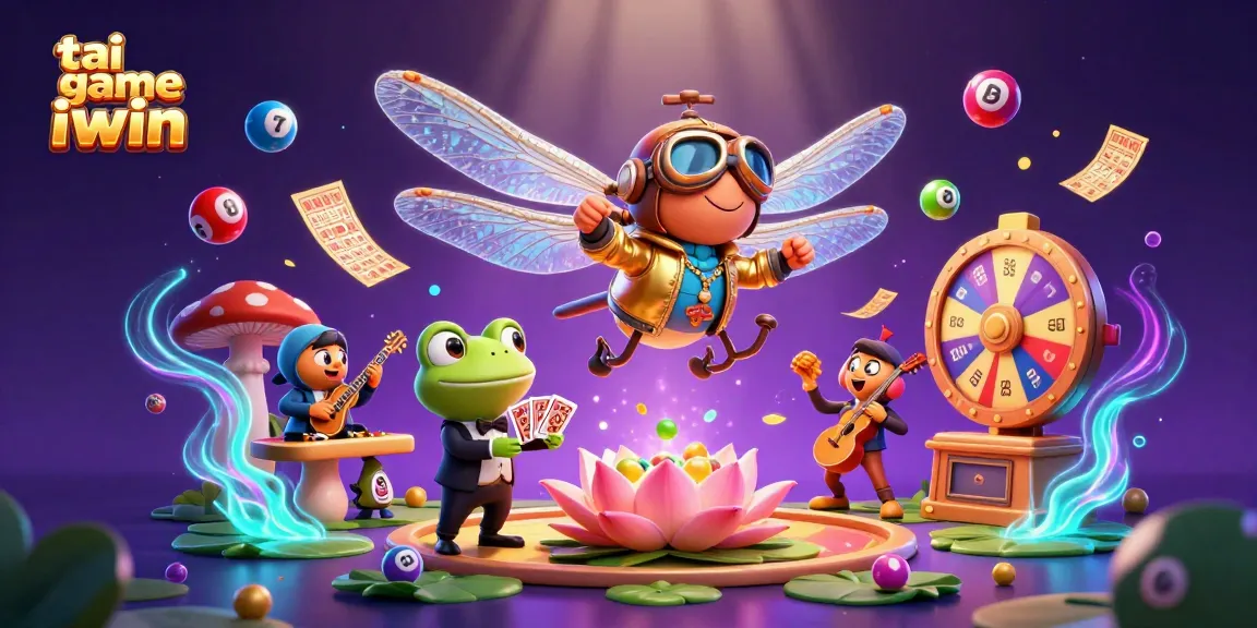 Engage with tai game iwin in a vibrant casino scene featuring a dragonfly pilot and frog croupier.
