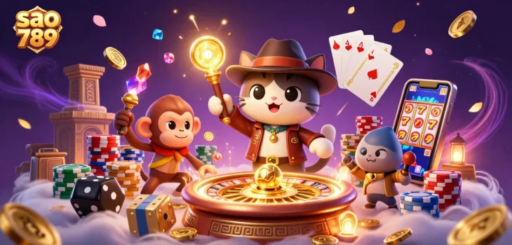Experience vibrant games and jackpots with sao 789, featuring an adventurous cat and stunning casino elements.