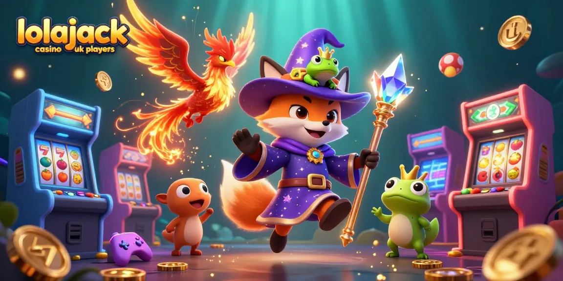 Engage with lolajack casino uk players in a vibrant 3D scene featuring a wizard, phoenix, and golden casino elements.