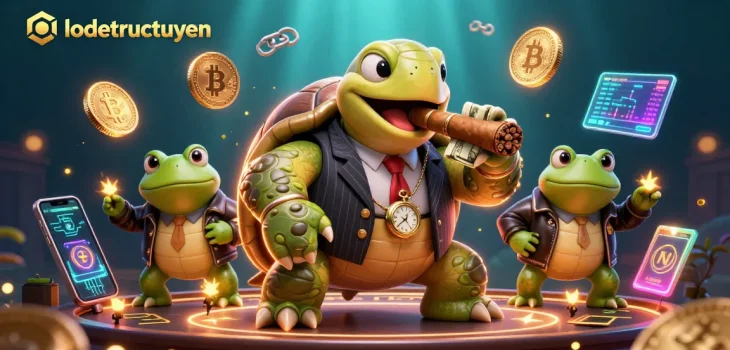 Engage in lodetructuyen with a vibrant illustration of a turtle mobster and bullfrog enforcers amidst casino lights and cryptocurrencies.
