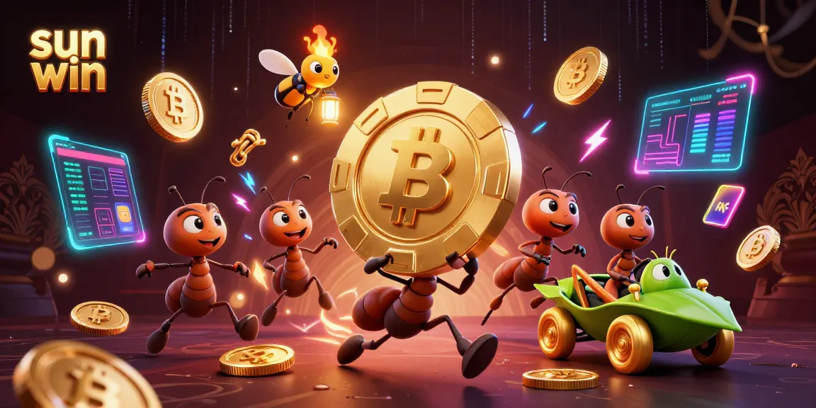 Experience sun win with vibrant ants heisting a giant poker chip amidst digital casino elements.