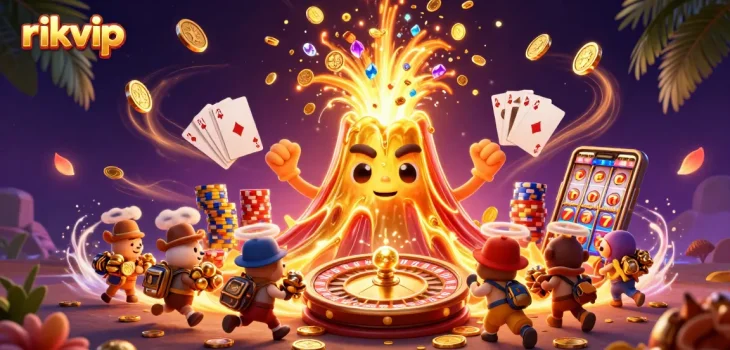 Engage in thrilling wins with rikvip, featuring a golden volcano erupting treasures in a vibrant casino haven.