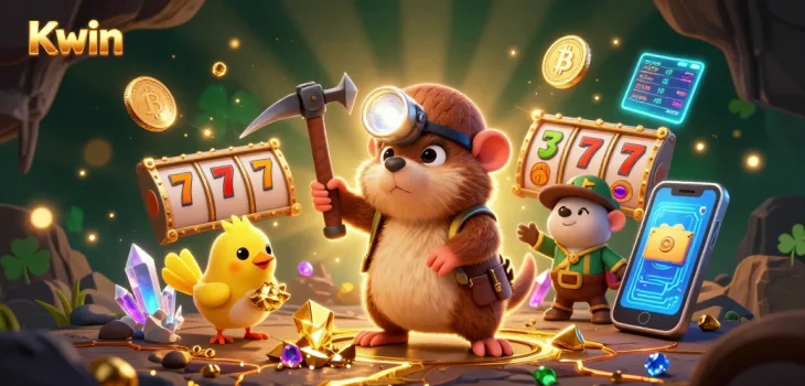 Kwin enhances the gaming experience with vibrant visuals featuring a treasure hunter and crypto elements.