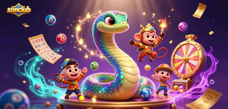 Join the fun at sonclub, featuring a vibrant 3D illustration of a cartoon serpent and monkey king amidst colorful lottery elements