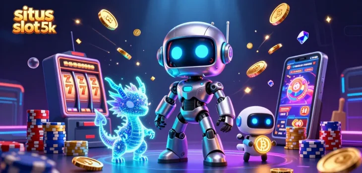 Engage with situs slot 5k in this vibrant 3D illustration showcasing exciting slot games and bonuses.