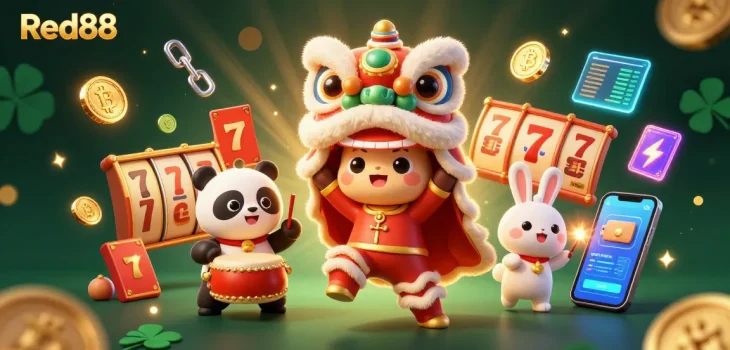 Experience thrilling gaming at Red88 with a dynamic scene of a lion dance, casino elements, and vibrant crypto symbols.