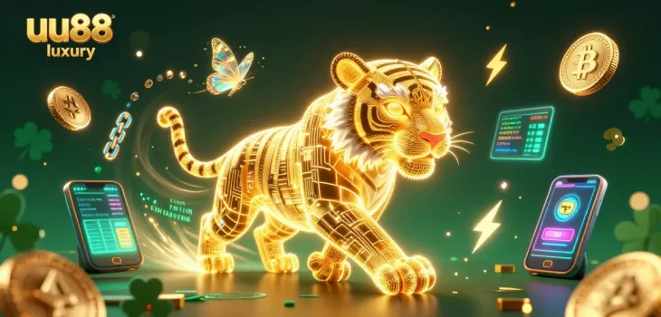 Engage with uu88 luxury's vibrant casino experience, featuring a 3D cartoon golden tiger amidst neon crypto elements in a digital landscape.