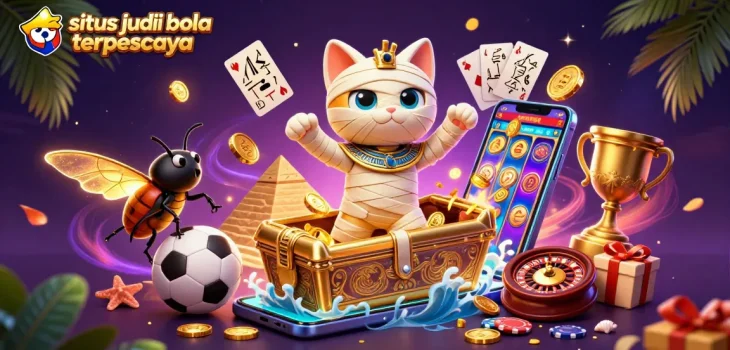 Situs judi bola terpercaya, engaging illustration of a pyramid casino scene with a mummy cat and sports betting elements.