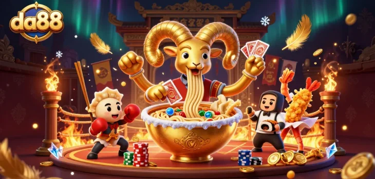 Engage with breathtaking da88 casino action featuring a giant ramen bowl dealer in a vibrant gambling arena.