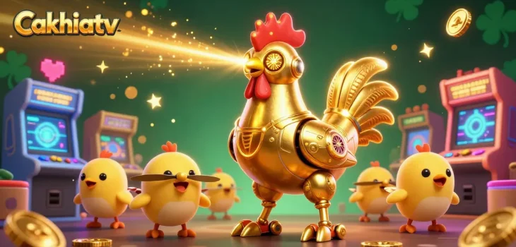 Cakhiatv brings a dazzling 3D illustration showcasing a golden rooster robot and baby chick drones in a vibrant casino-themed environment.